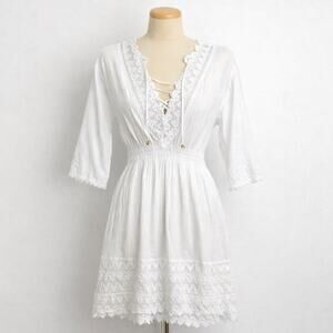 Seaspice Boho Tunic Resort Dress Coverup Crochet Hearts 100% Peruvian Cotton S